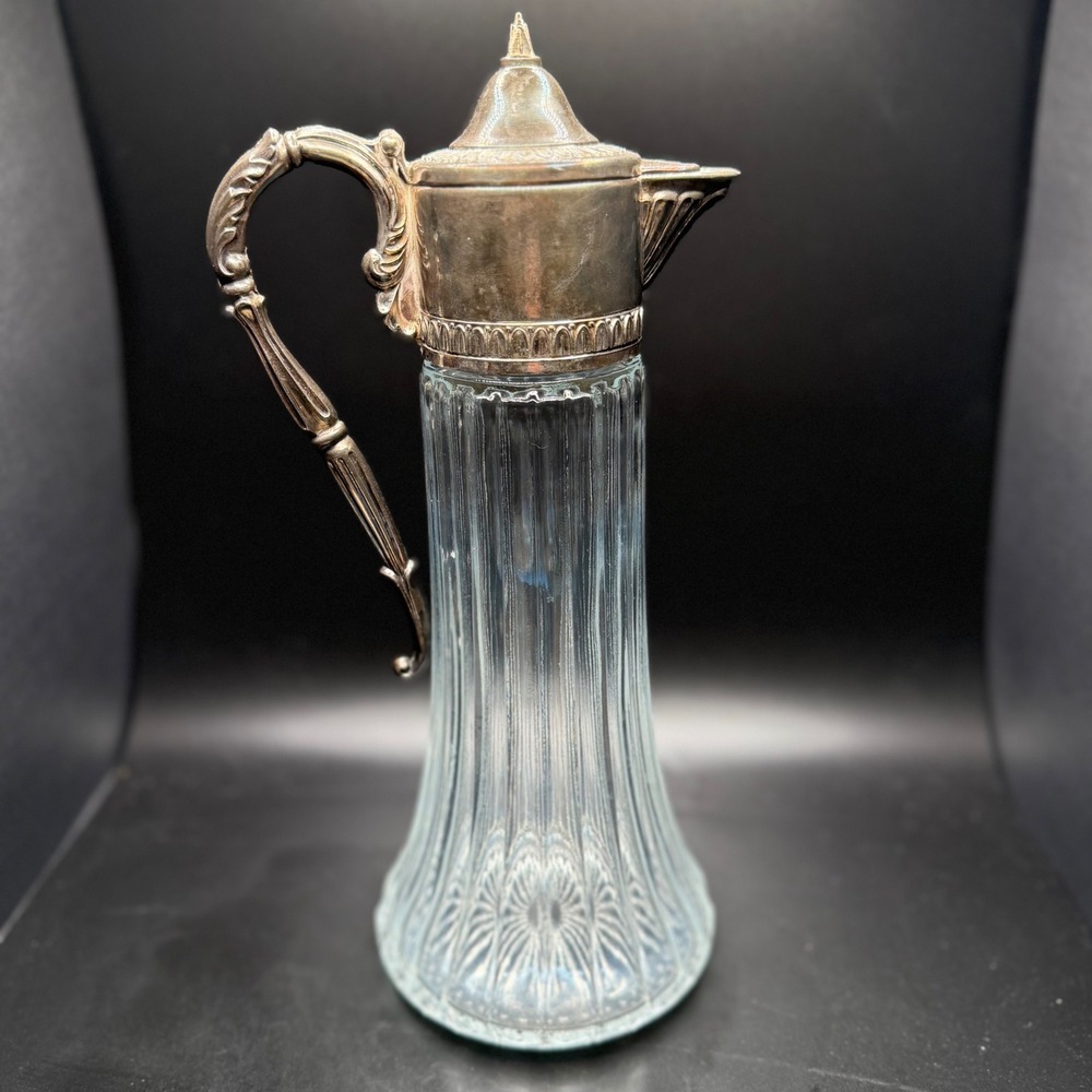 Vintage Silver Plated Glass Claret Jug Ornate Wine Decanter‎ 12 Inch Tall